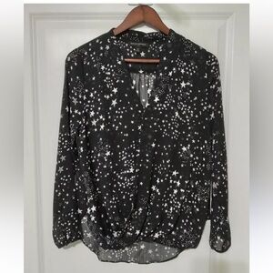 Banana Republic black white star blouse, draped front, good used condition.